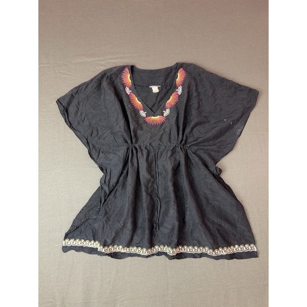 Trina Turk Embroidered Sequin Kaftan Top Womens Large Black Silk Blend Coverup